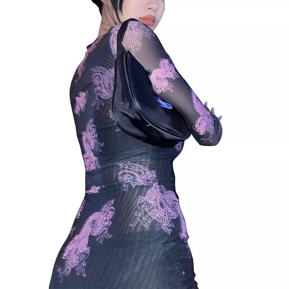 Black Dragon Mesh Dress – 90s Y2K Harajuku Long Sleeve See-Through Goth Aesthetic – Trendy Kawaii Sheer Layering Dress for Women