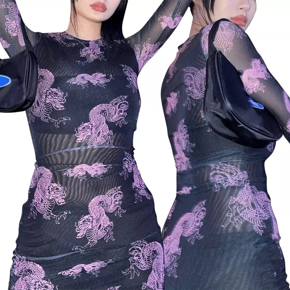 Black Dragon Mesh Dress – 90s Y2K Harajuku Long Sleeve See-Through Goth Aesthetic – Trendy Kawaii Sheer Layering Dress for Women