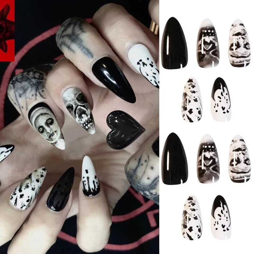 24pcs Witchy Black & White Stiletto Long Press on Nails – Spooky Halloween Aesthetic – Reusable Gothic Moon & Star DIY Manicure Kit