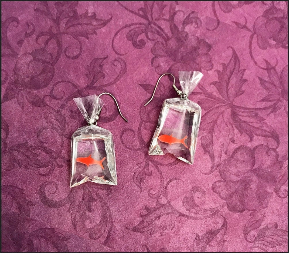 Goldfish Earrings Carnival Bag Clear Dangle Kawaii Funny Fish Bowl Clear Jewelry