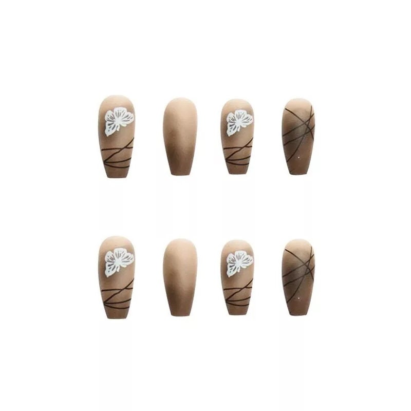 Long Coffin Press On Nails: Frosted Matte Brown Set (24 PCS + Glue)