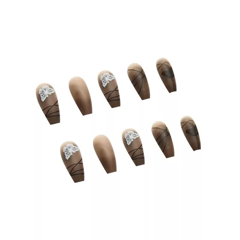 Long Coffin Press On Nails: Frosted Matte Brown Set (24 PCS + Glue)
