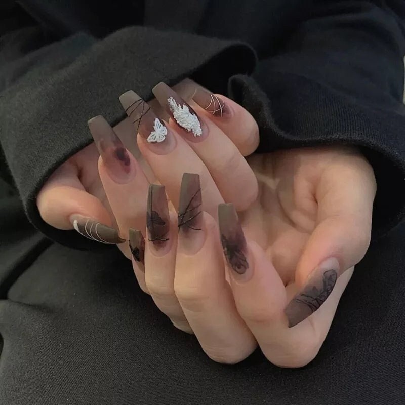 Long Coffin Press On Nails: Frosted Matte Brown Set (24 PCS + Glue)