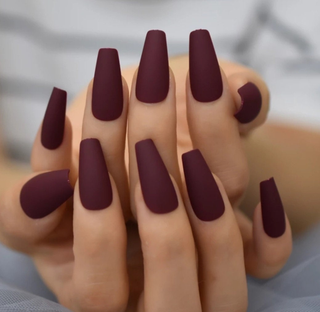 Long Matte Coffin Press On Nails | Burgundy Wine & Mulberry Set by Surethings