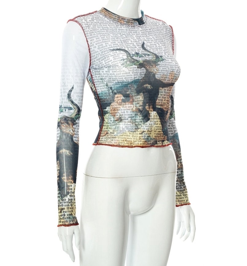 Metal head goth Sheer Mesh Going out tops for women Long Sleeve Soft Stretchy see through goth alt spooky babe goat ram
