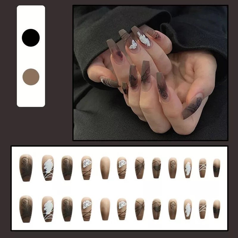 Long Coffin Press On Nails: Frosted Matte Brown Set (24 PCS + Glue)