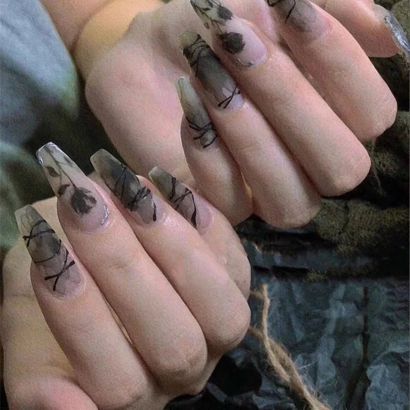 24 Gothic Frosted glass Matte Black Rose Long Press On Nails kit Frosted glue on edgy