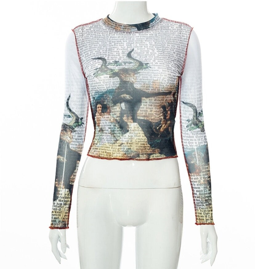 Metal head goth Sheer Mesh Going out tops for women Long Sleeve Soft Stretchy see through goth alt spooky babe goat ram