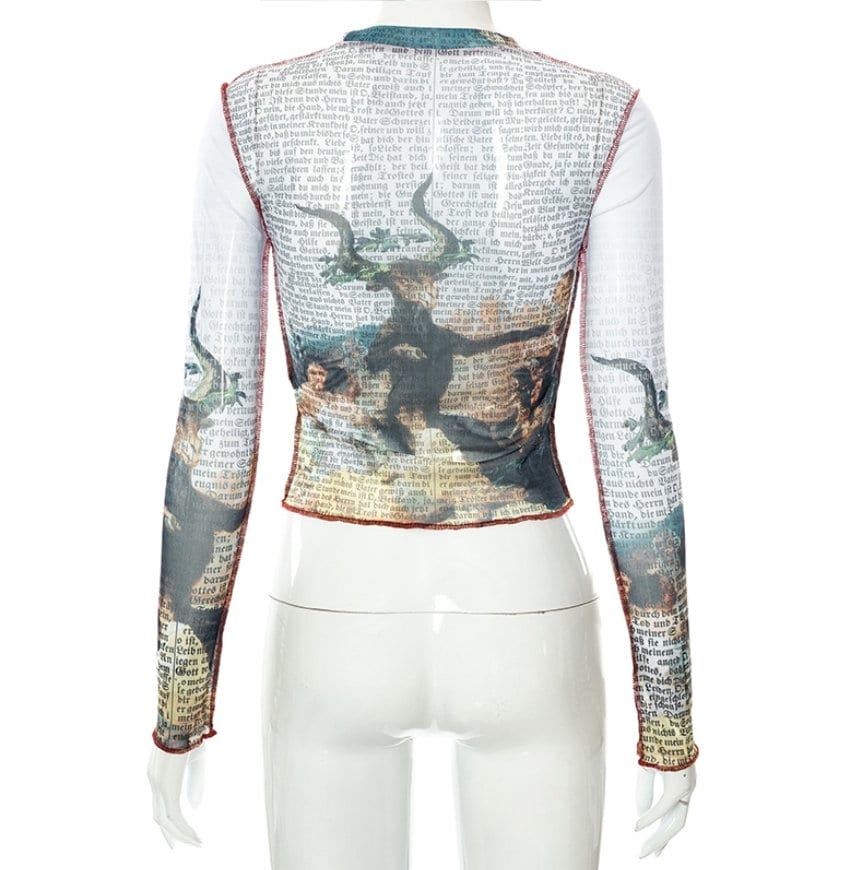 Metal head goth Sheer Mesh Going out tops for women Long Sleeve Soft Stretchy see through goth alt spooky babe goat ram