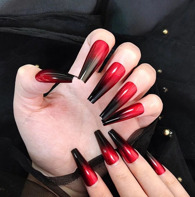 Long Coffin Press On Nails: Red & Black Ombre Mirror Gothic Set 24 PC