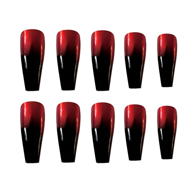 Long Coffin Press On Nails: Red & Black Ombre Mirror Gothic Set 24 PC