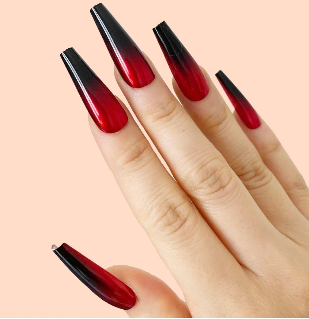 Long Coffin Press On Nails: Red & Black Ombre Mirror Gothic Set 24 PC
