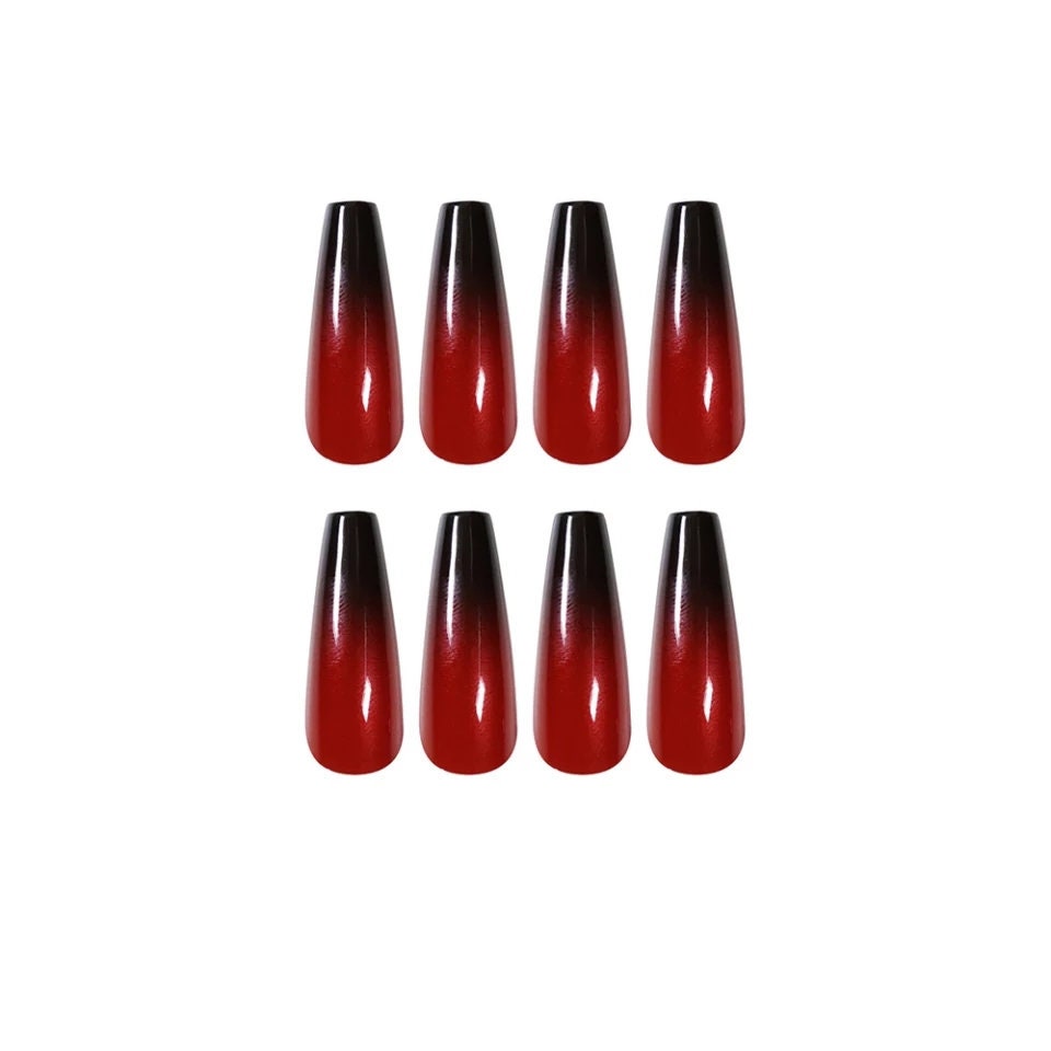 Long Coffin Press On Nails: Red & Black Ombre Mirror Gothic Set 24 PC