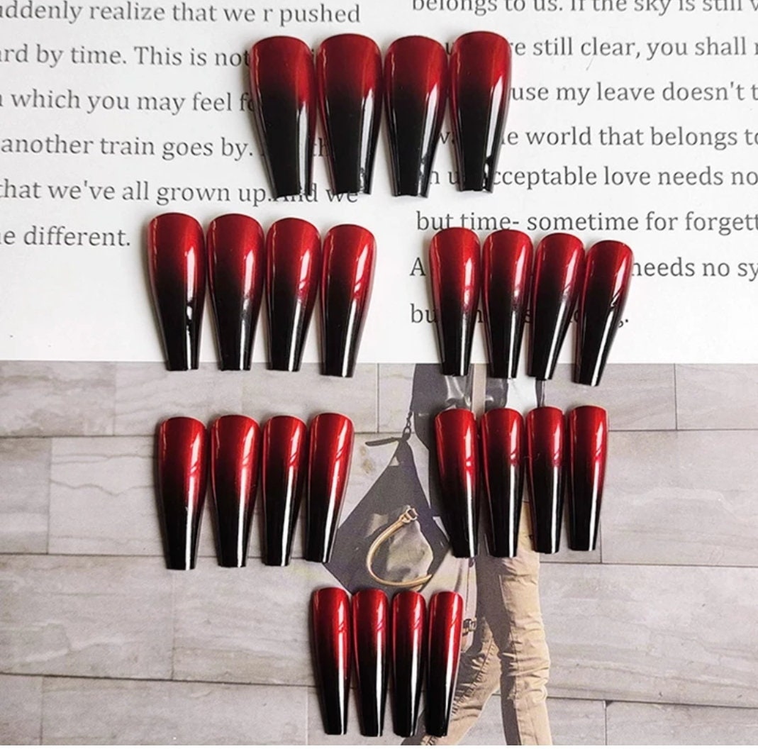 Long Coffin Press On Nails: Red & Black Ombre Mirror Gothic Set 24 PC