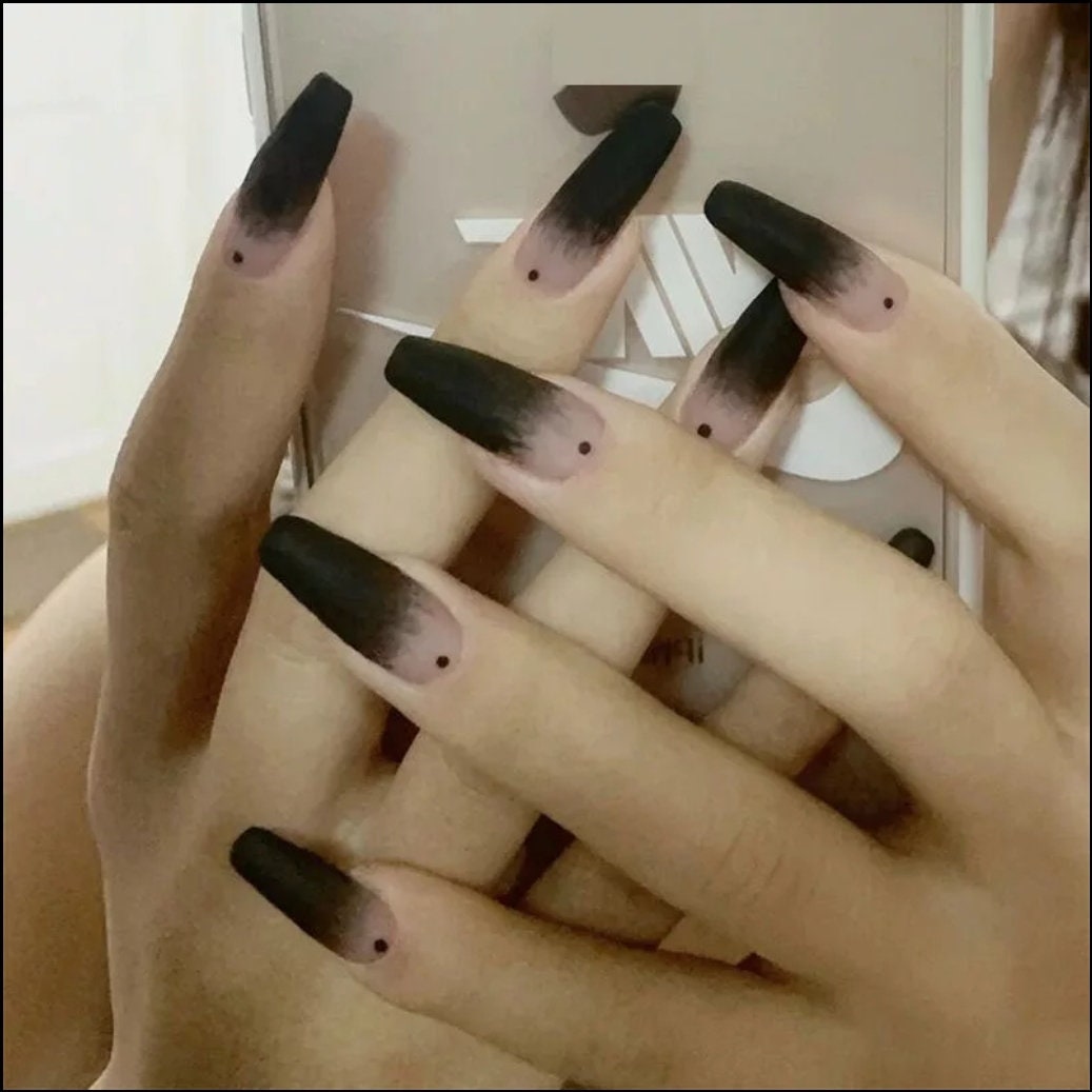 24PCS  Matte Goth Black Press On Nails – Frosted Coffin Long Glue-On Kit with Glass Detail