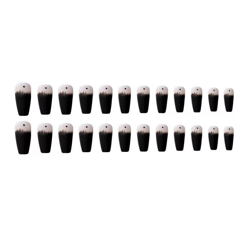 24PCS  Matte Goth Black Press On Nails – Frosted Coffin Long Glue-On Kit with Glass Detail