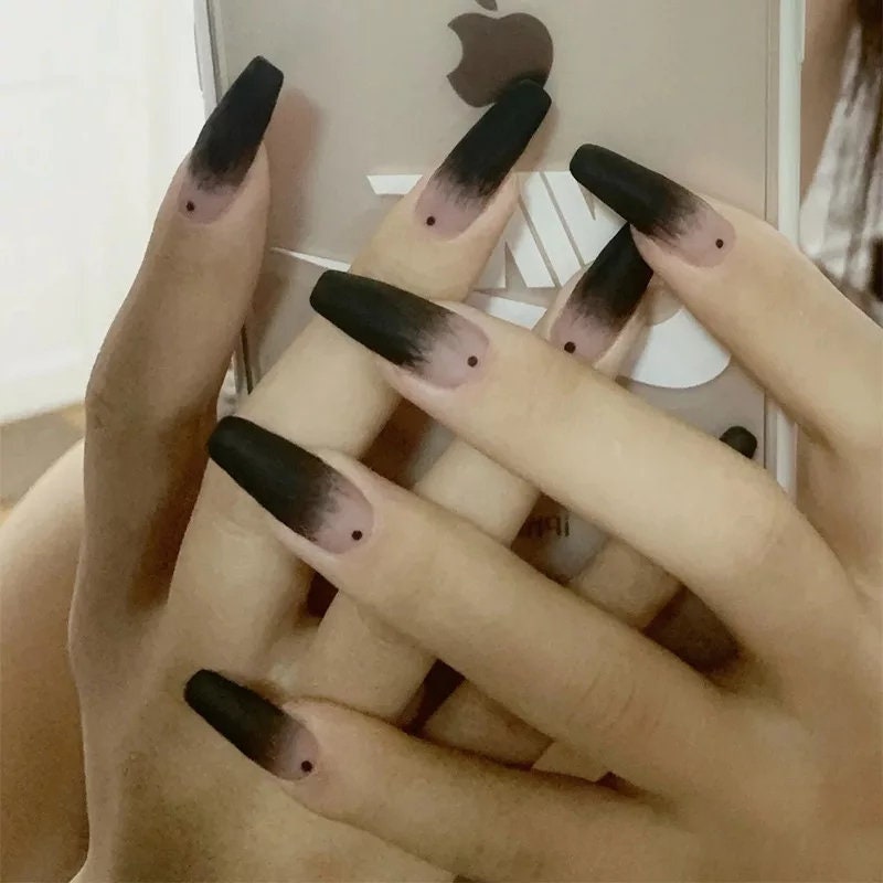 24PCS  Matte Goth Black Press On Nails – Frosted Coffin Long Glue-On Kit with Glass Detail