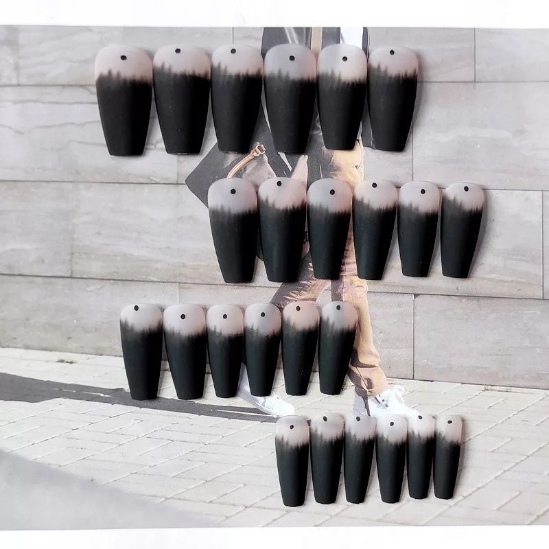 24PCS  Matte Goth Black Press On Nails – Frosted Coffin Long Glue-On Kit with Glass Detail
