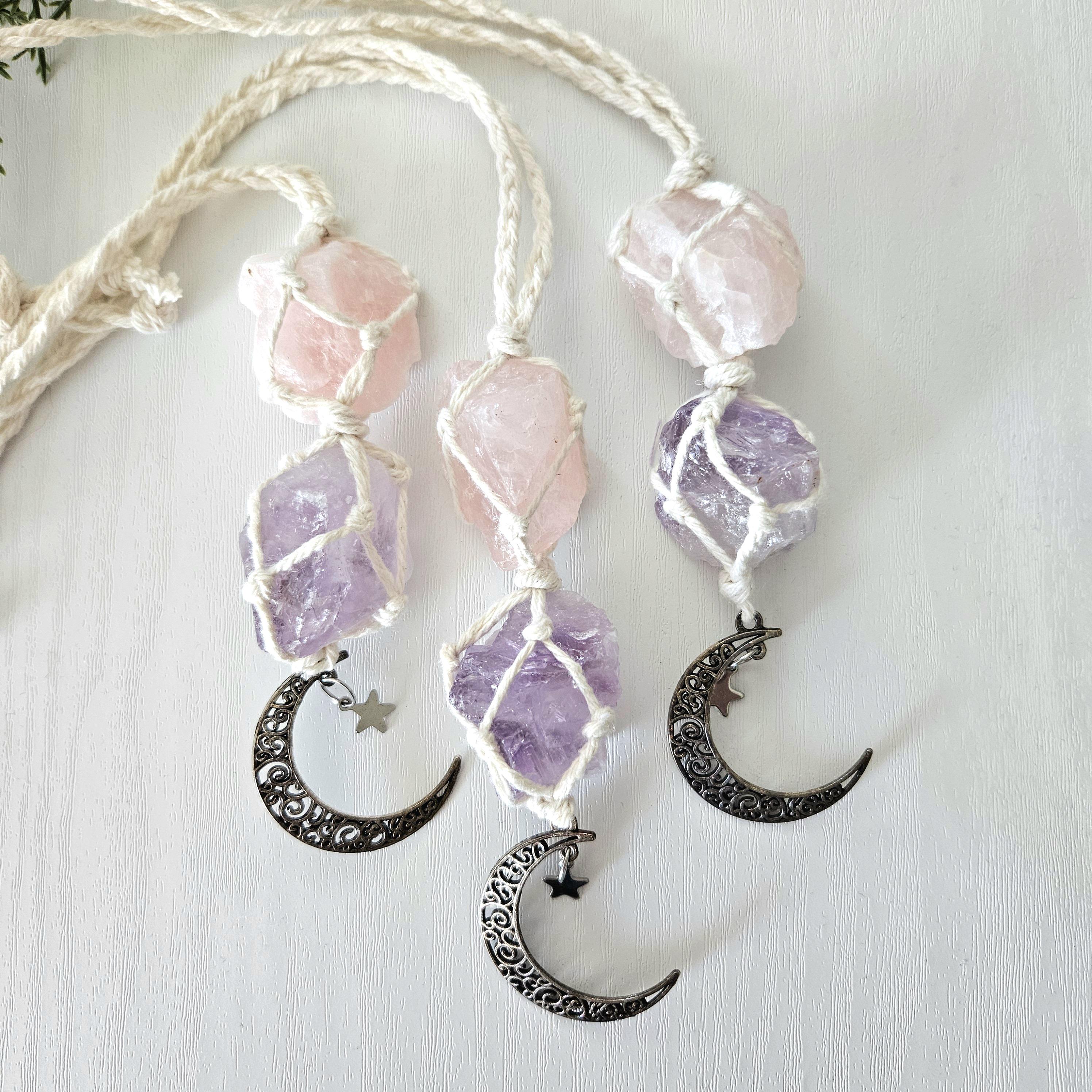 Macrame wrapped crystal rear view mirror charm. Amethyst and rose quartz. With moon charm.