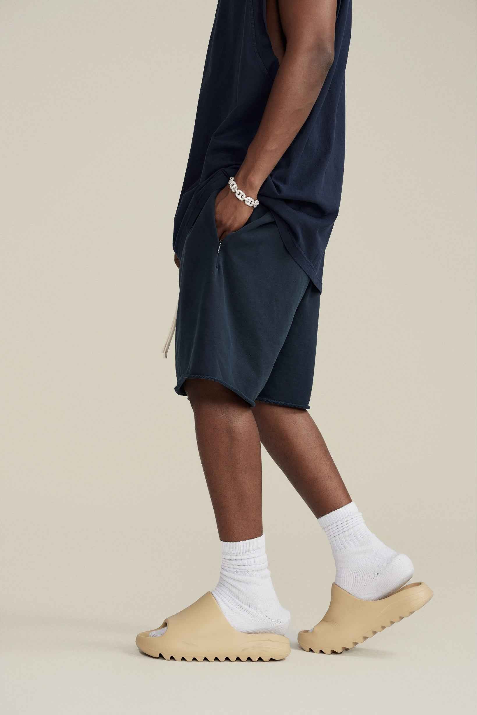 410GSM Men's Distressed Vintage-Wash Raw-Hem Shorts