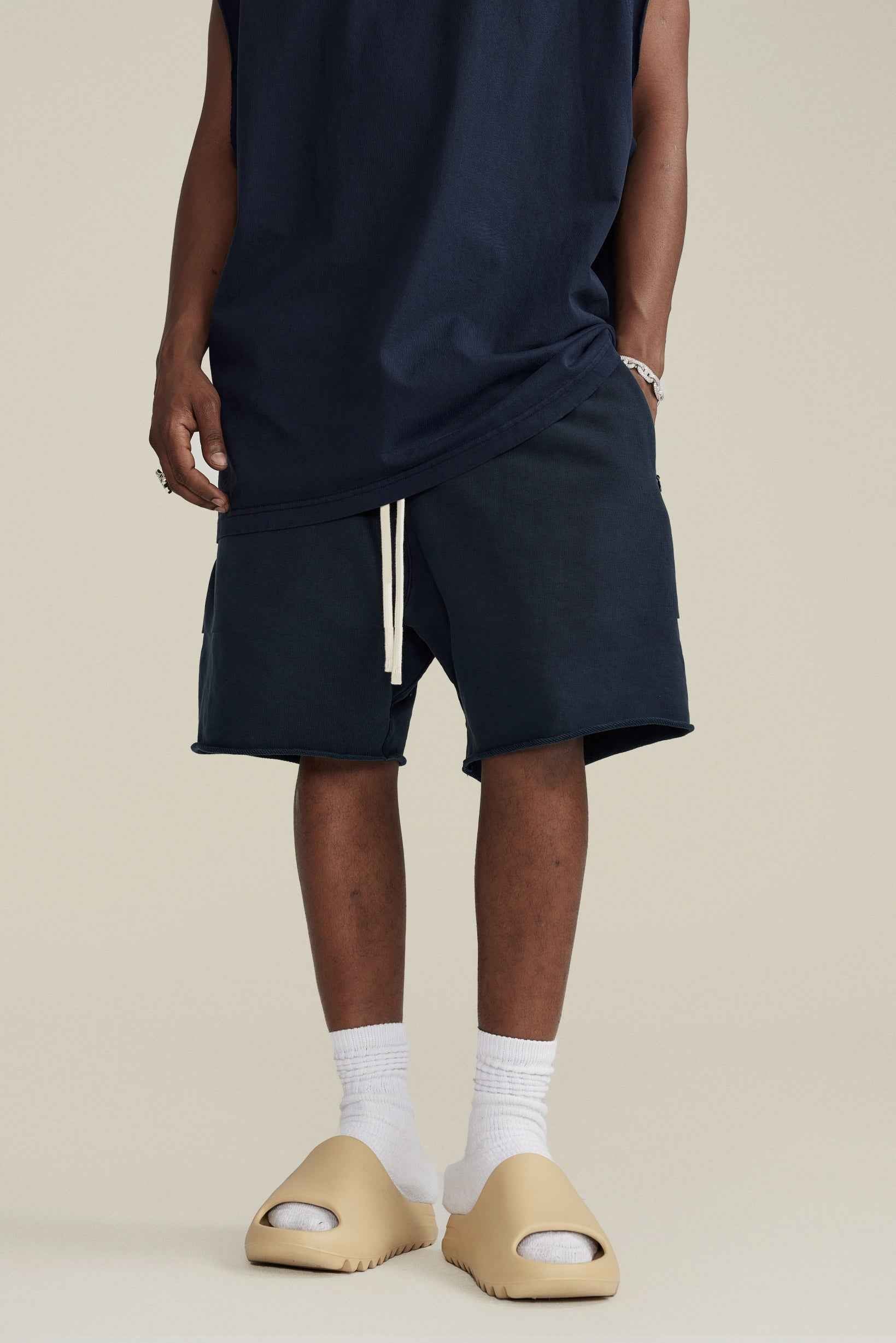 410GSM Men's Distressed Vintage-Wash Raw-Hem Shorts