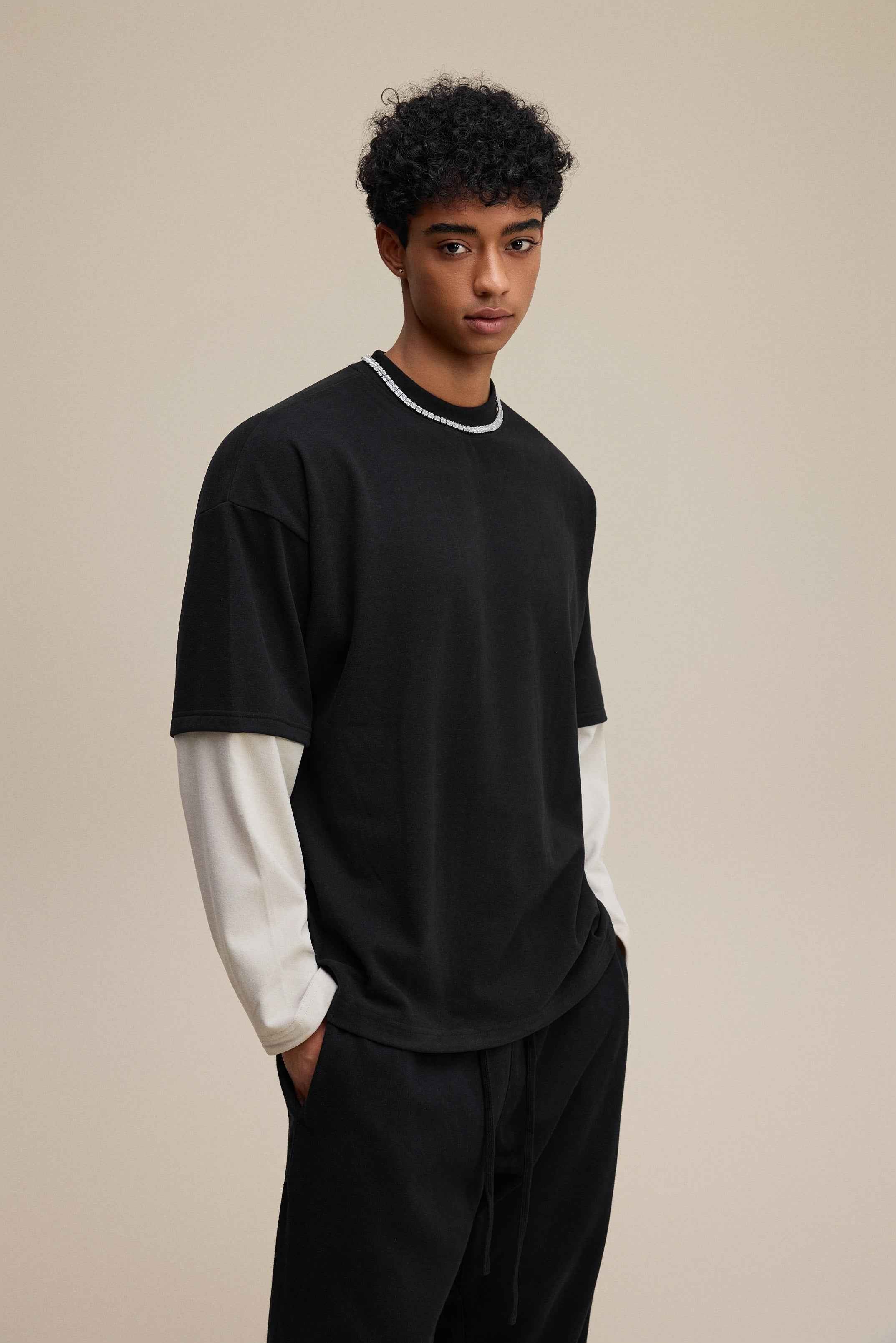 320GSM Unisex Faux Layered Solid Color Base Layer Long-Sleeve Tee