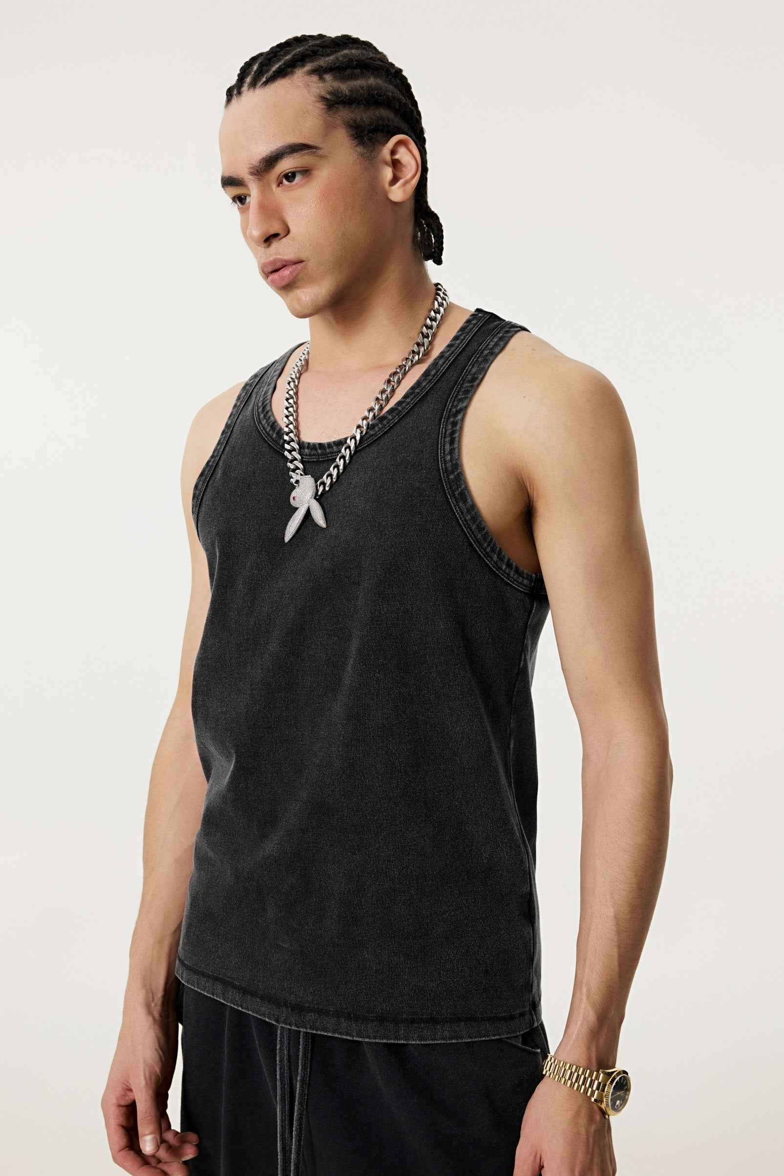 350GSM Men's Fried-Color Stretch Ribbed Muscle Tee