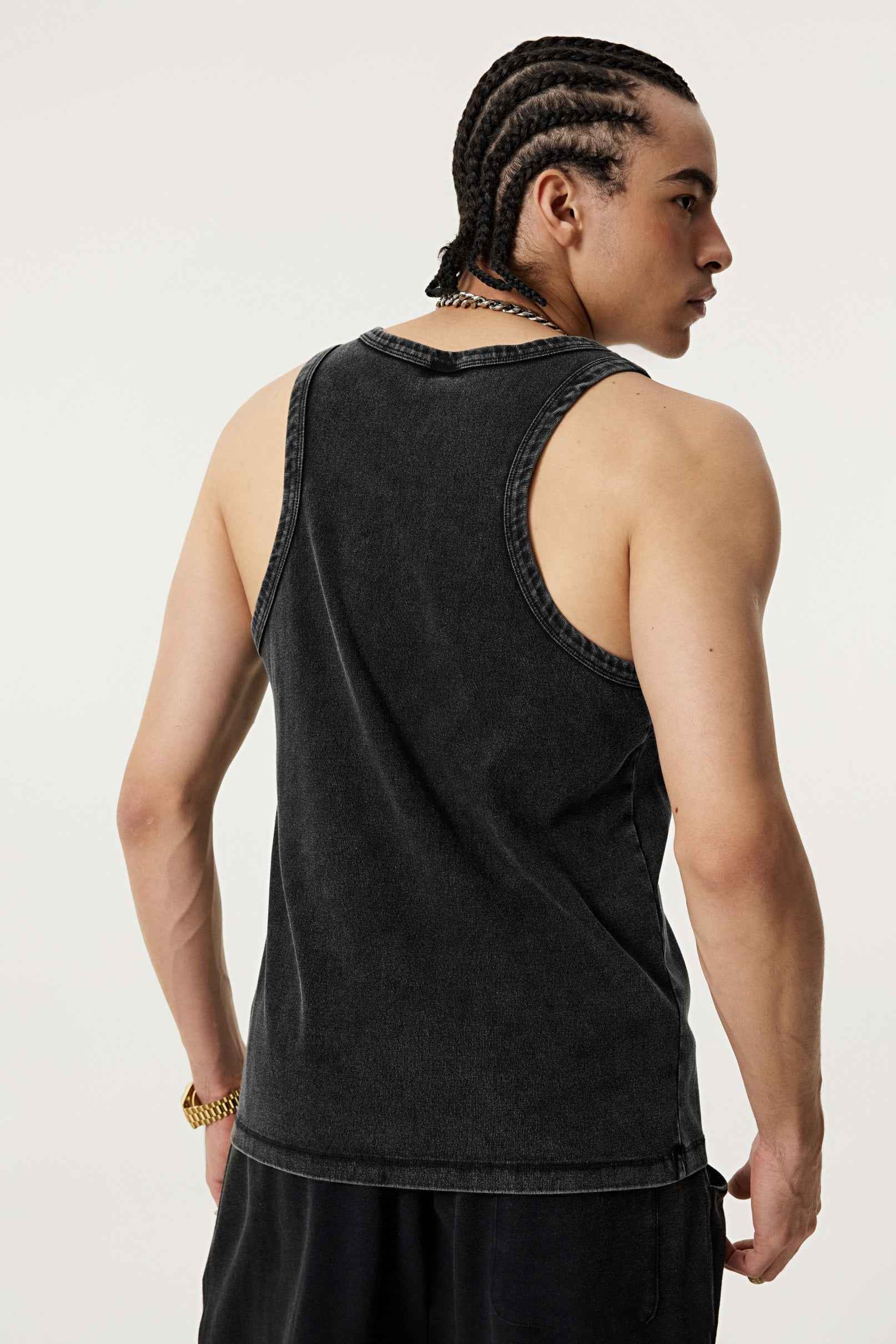 350GSM Men's Fried-Color Stretch Ribbed Muscle Tee