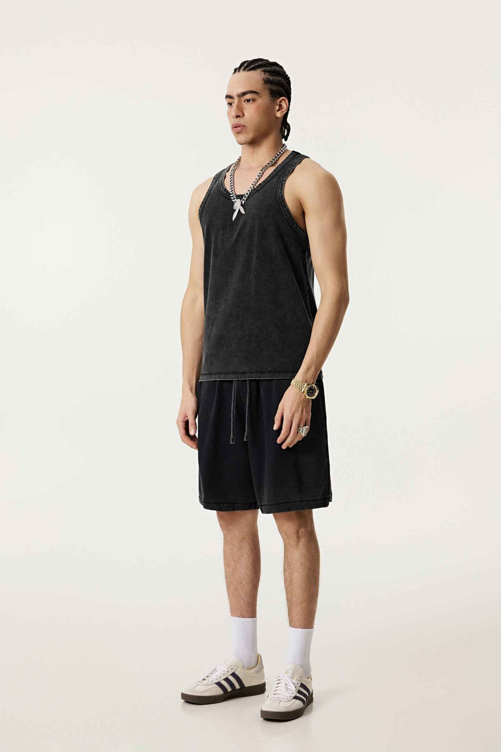 350GSM Men's Fried-Color Stretch Ribbed Muscle Tee