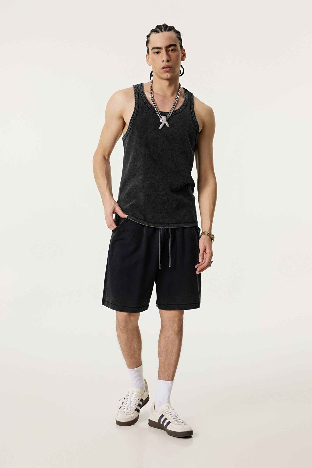 350GSM Men's Fried-Color Stretch Ribbed Muscle Tee