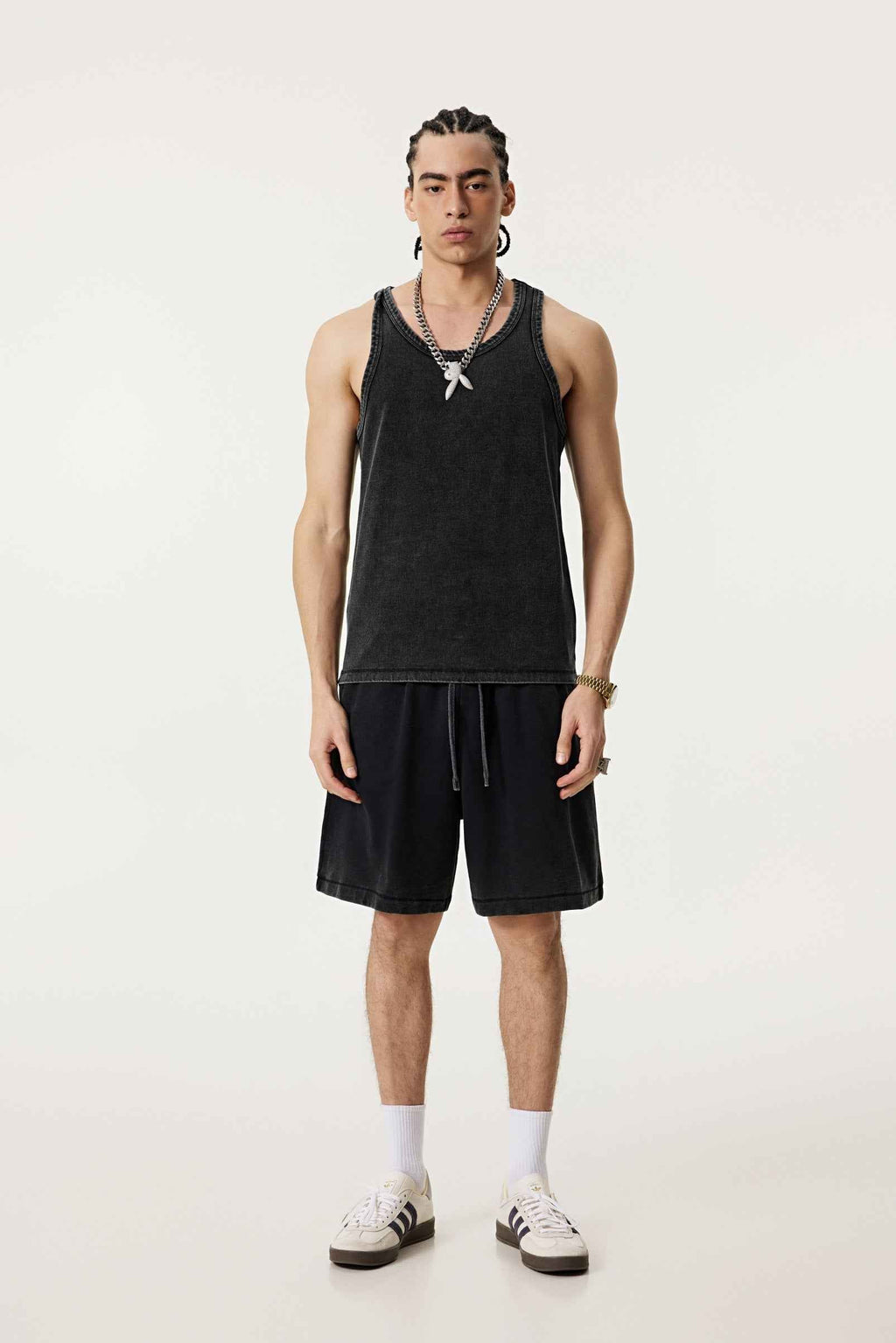 350GSM Men's Fried-Color Stretch Ribbed Muscle Tee