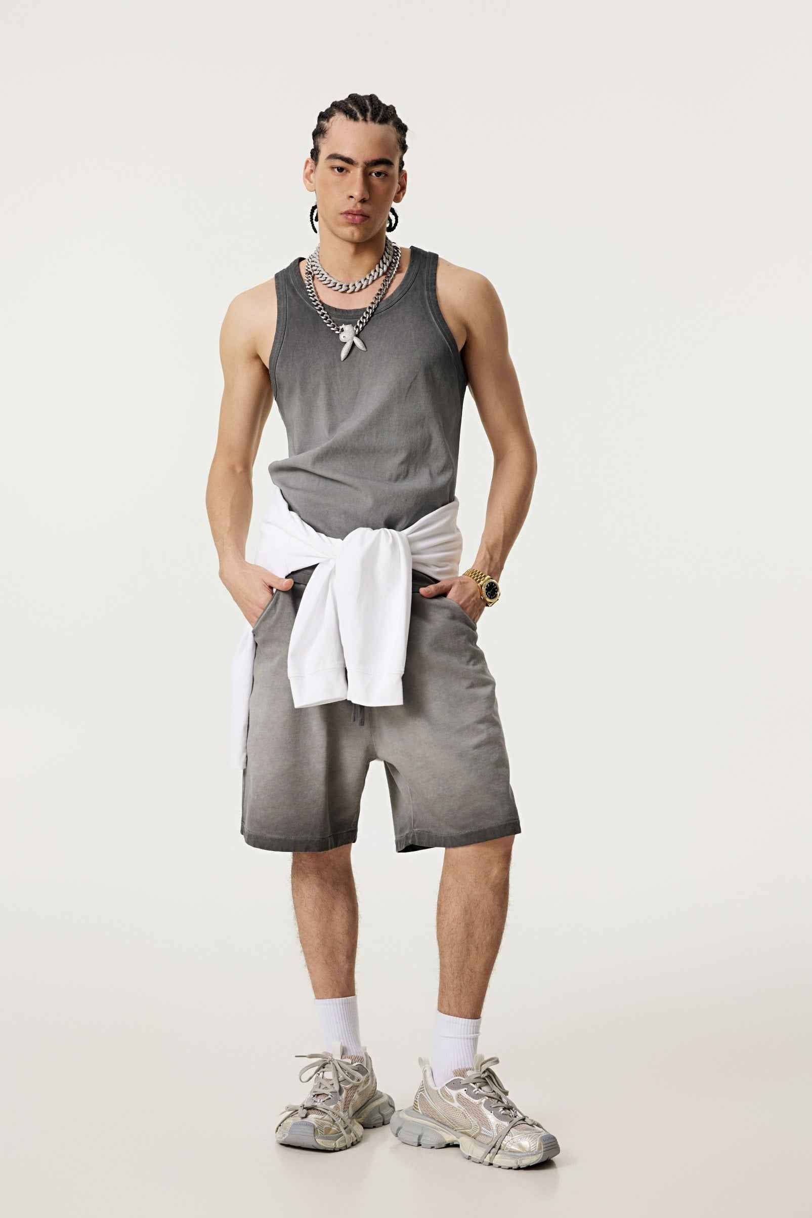 350GSM Men's Fried-Color Stretch Ribbed Muscle Tee