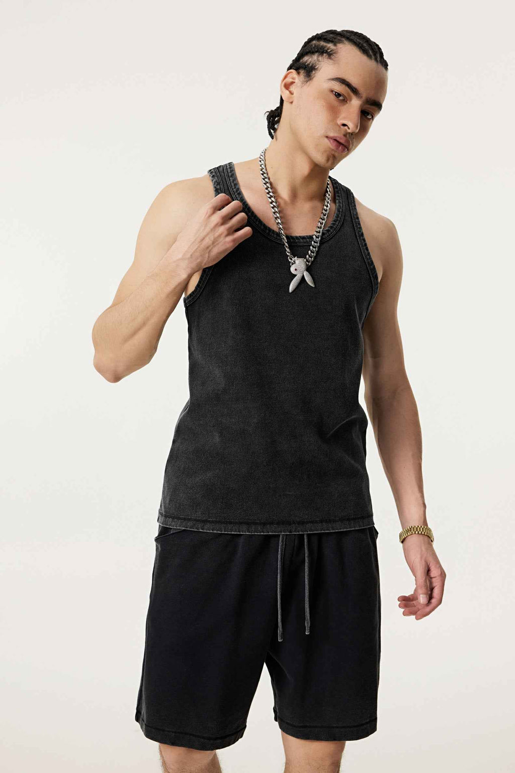 350GSM Men's Fried-Color Stretch Ribbed Muscle Tee