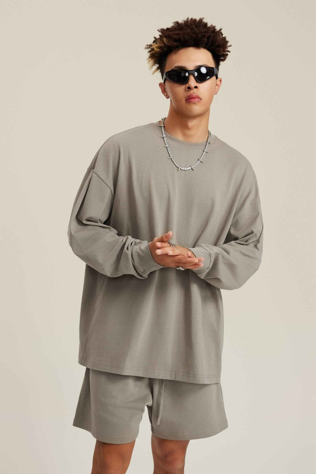 305GSM Unisex Premium Heavyweight Double-Yarn Plain Fabric Earth-Tone Basic Layering Long sleeve Tee