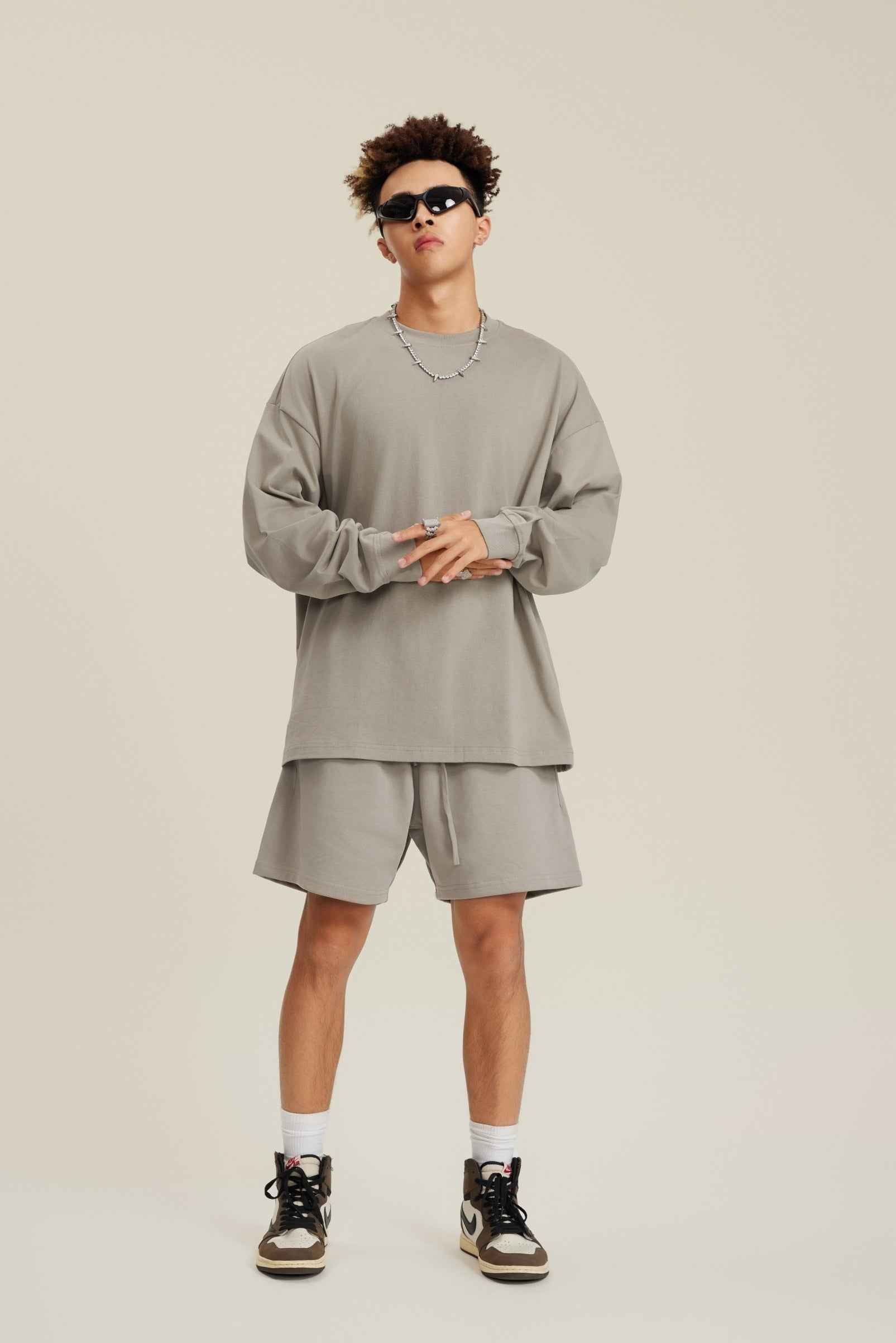 305GSM Unisex Premium Heavyweight Double-Yarn Plain Fabric Earth-Tone Basic Layering Long sleeve Tee