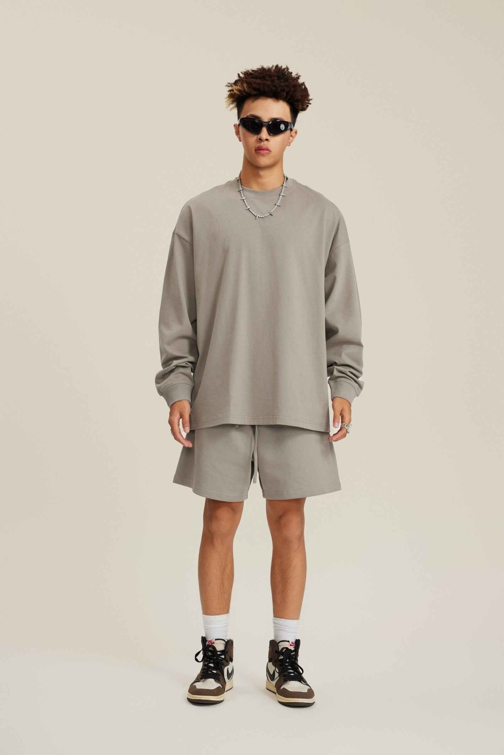 305GSM Unisex Premium Heavyweight Double-Yarn Plain Fabric Earth-Tone Basic Layering Long sleeve Tee