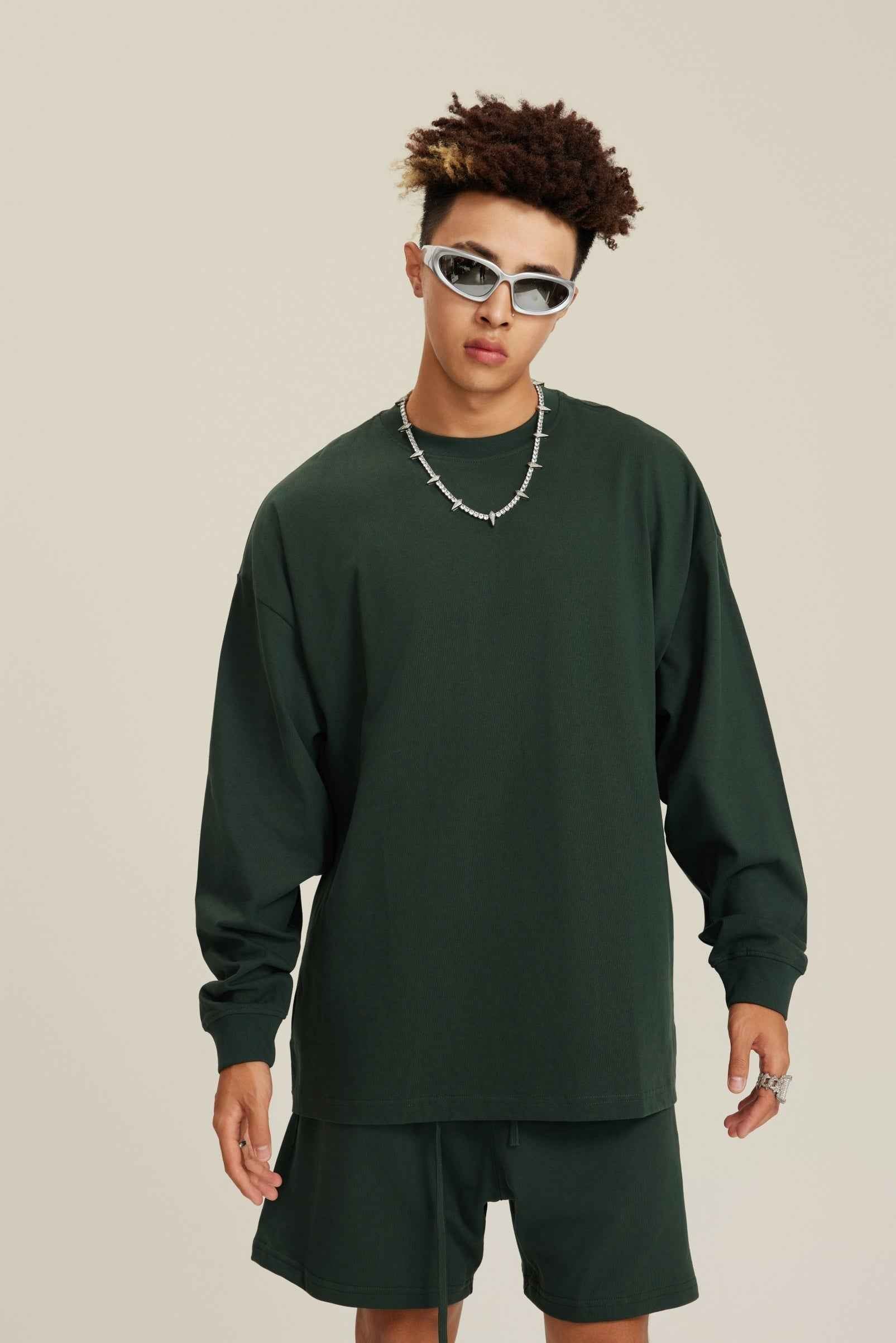 305GSM Unisex Premium Heavyweight Double-Yarn Plain Fabric Earth-Tone Basic Layering Long sleeve Tee