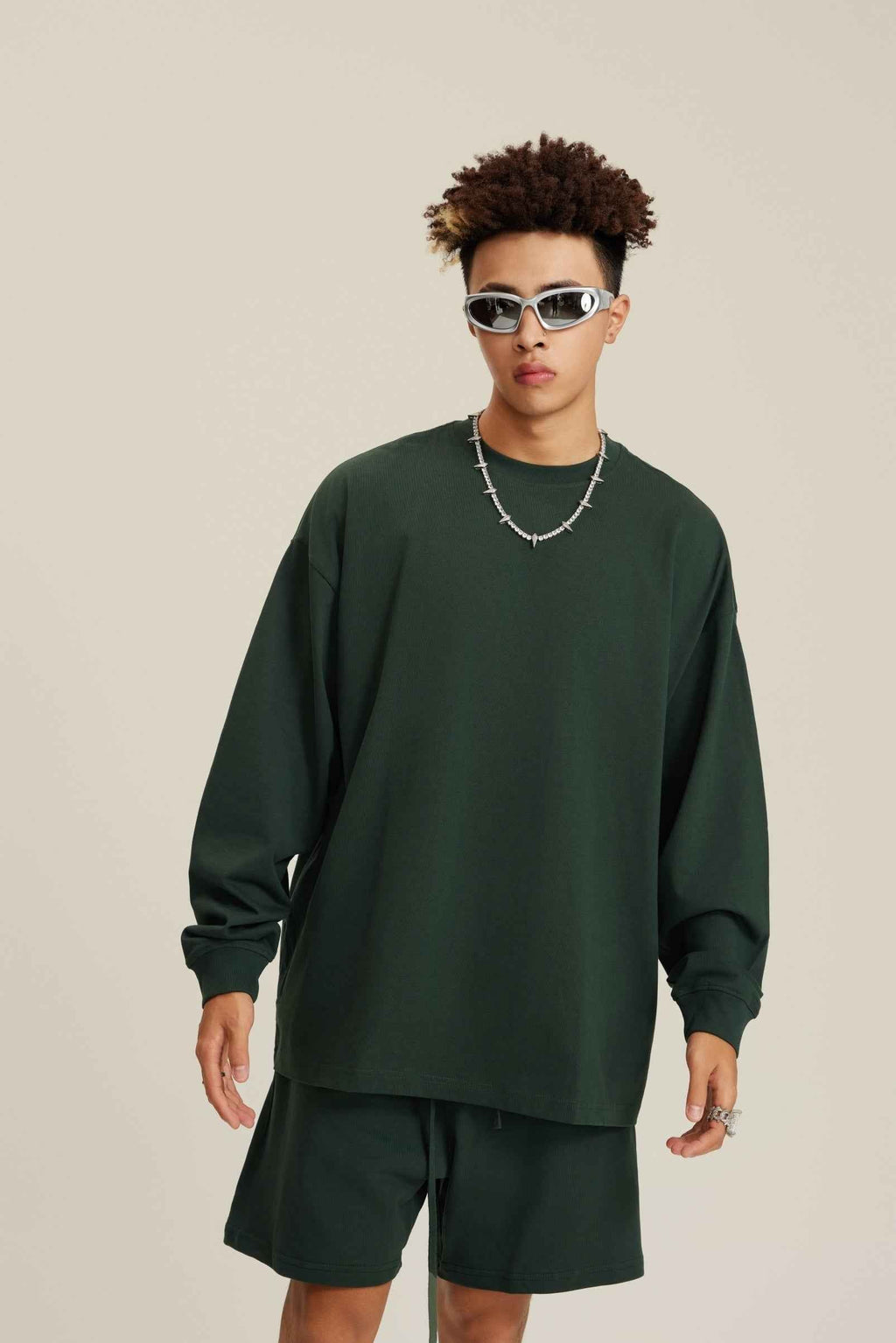 305GSM Unisex Premium Heavyweight Double-Yarn Plain Fabric Earth-Tone Basic Layering Long sleeve Tee