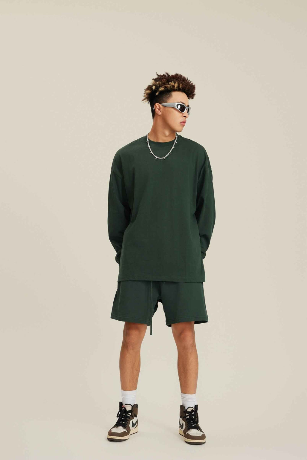 305GSM Unisex Premium Heavyweight Double-Yarn Plain Fabric Earth-Tone Basic Layering Long sleeve Tee