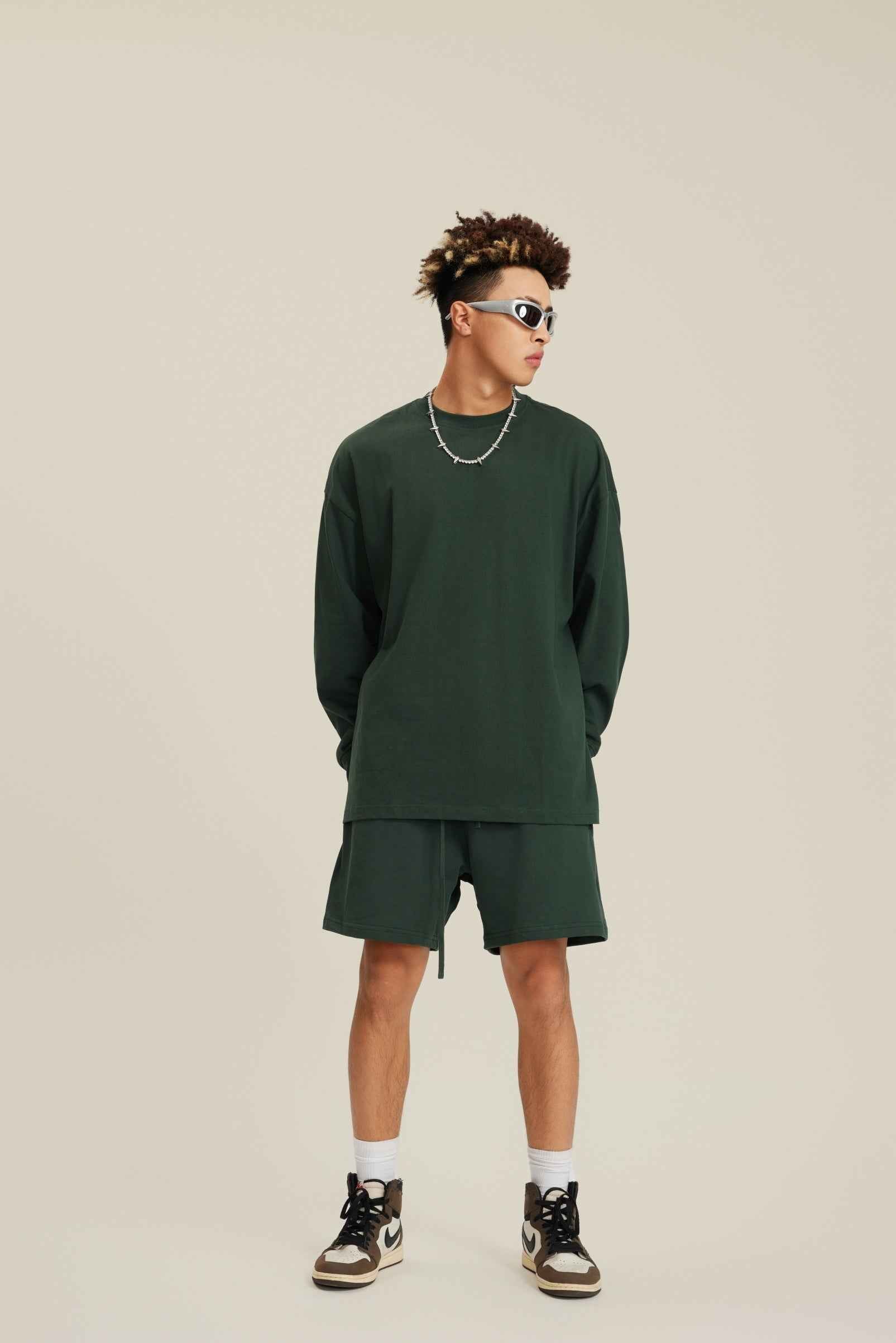 305GSM Unisex Premium Heavyweight Double-Yarn Plain Fabric Earth-Tone Basic Layering Long sleeve Tee