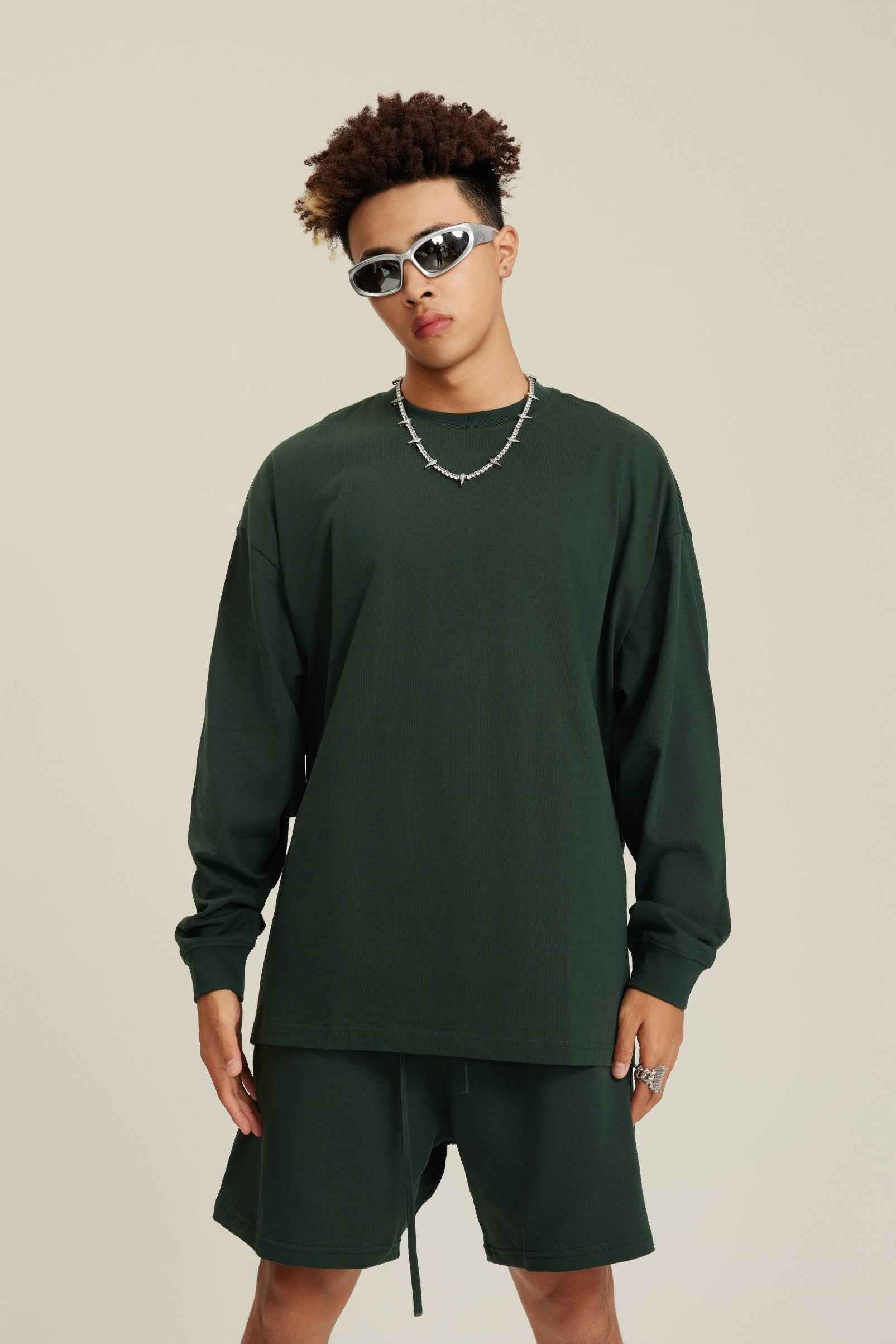 305GSM Unisex Premium Heavyweight Double-Yarn Plain Fabric Earth-Tone Basic Layering Long sleeve Tee