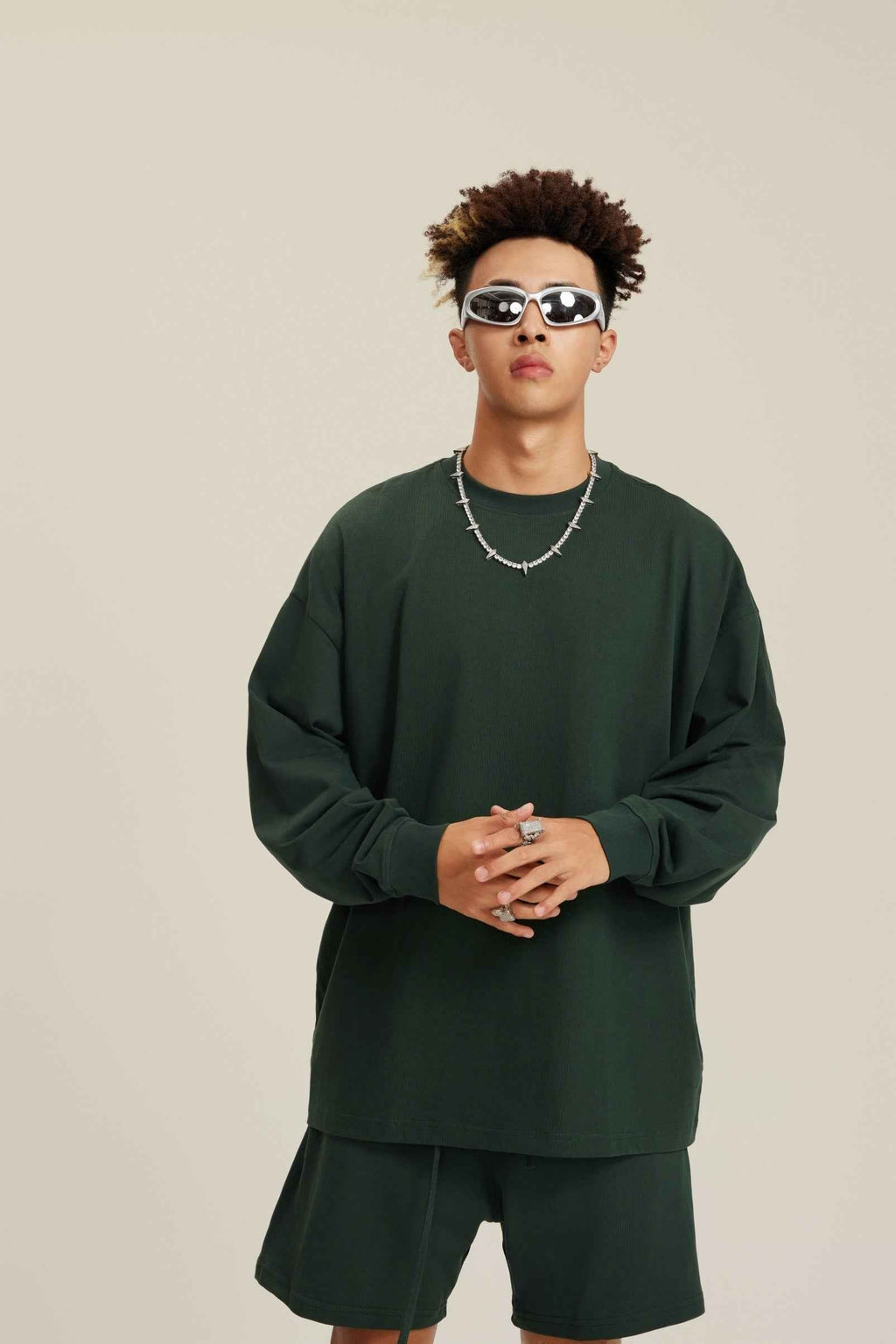 305GSM Unisex Premium Heavyweight Double-Yarn Plain Fabric Earth-Tone Basic Layering Long sleeve Tee