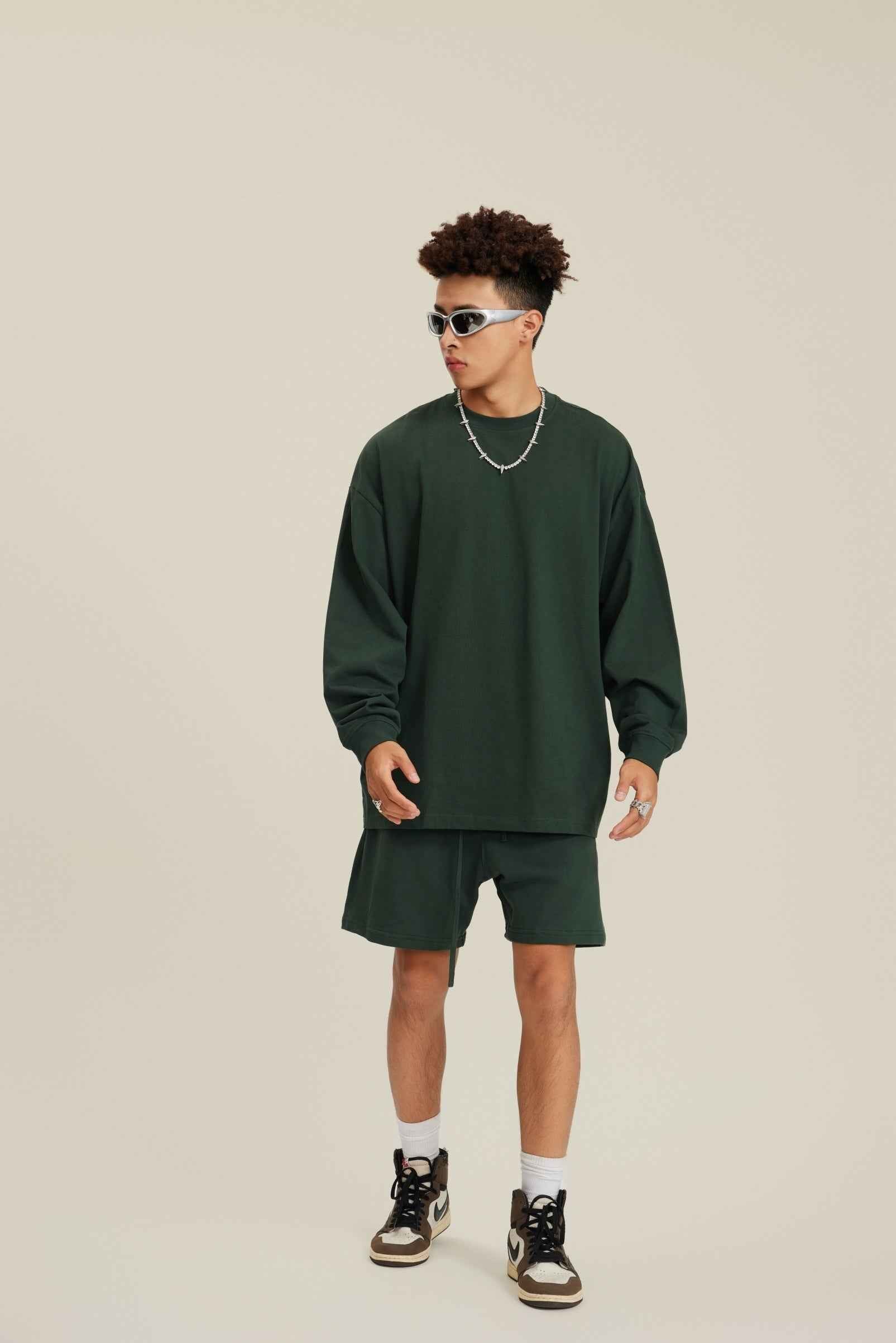 305GSM Unisex Premium Heavyweight Double-Yarn Plain Fabric Earth-Tone Basic Layering Long sleeve Tee