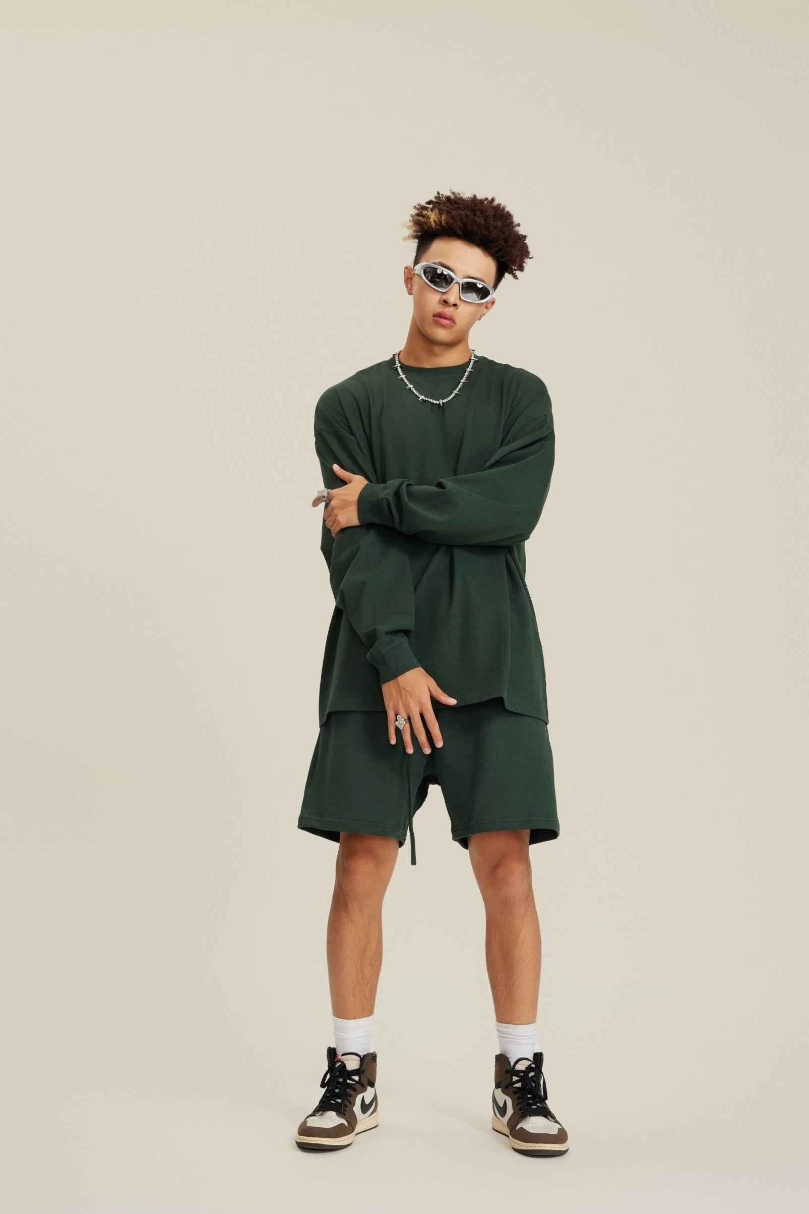 305GSM Unisex Premium Heavyweight Double-Yarn Plain Fabric Earth-Tone Basic Layering Long sleeve Tee