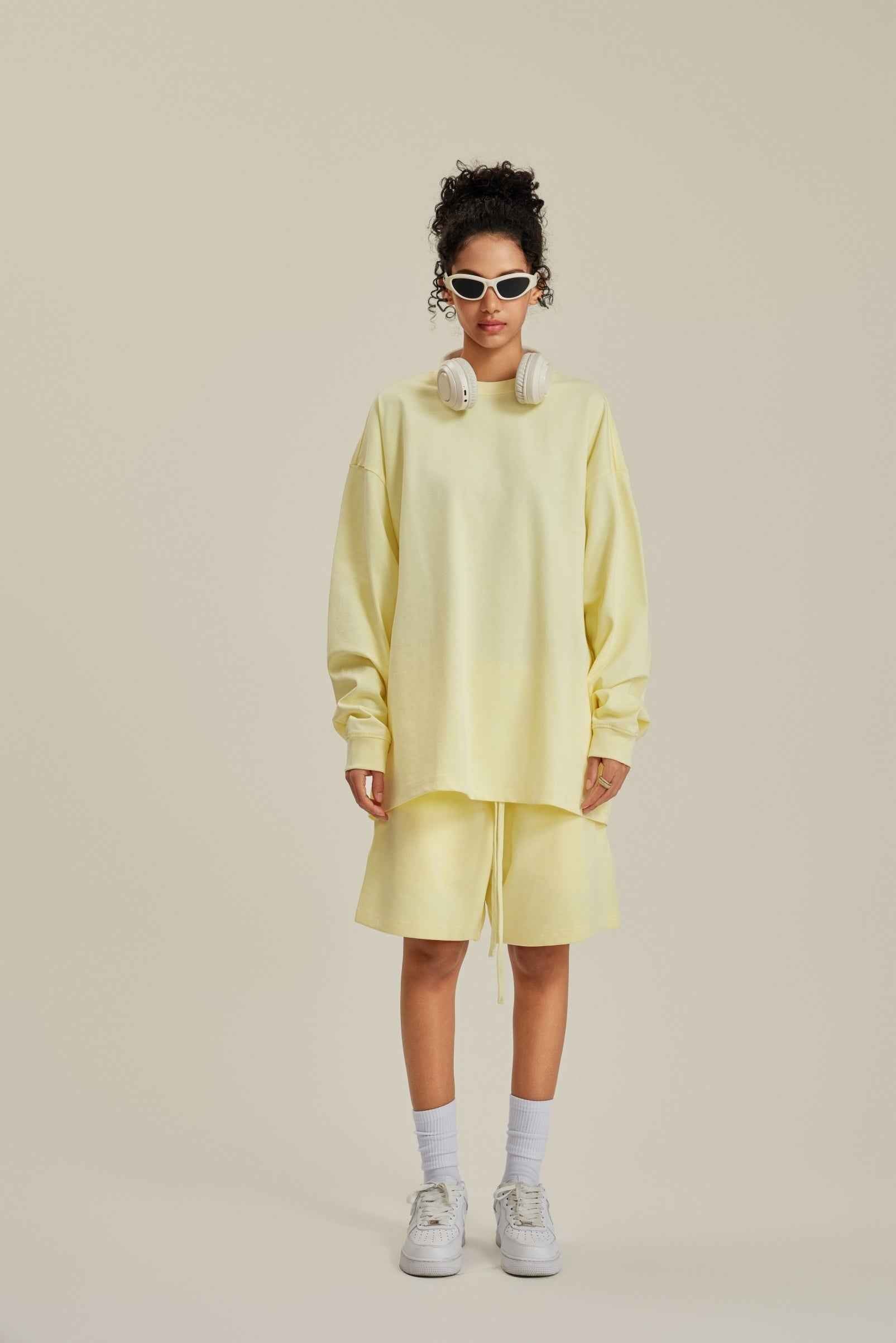 305GSM Unisex Premium Heavyweight Double-Yarn Plain Fabric Earth-Tone Basic Layering Long sleeve Tee