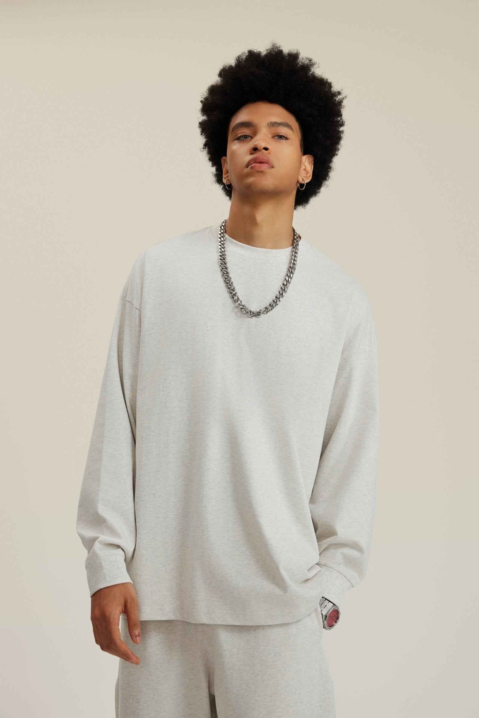 305GSM Unisex Premium Heavyweight Double-Yarn Plain Fabric Earth-Tone Basic Layering Long sleeve Tee