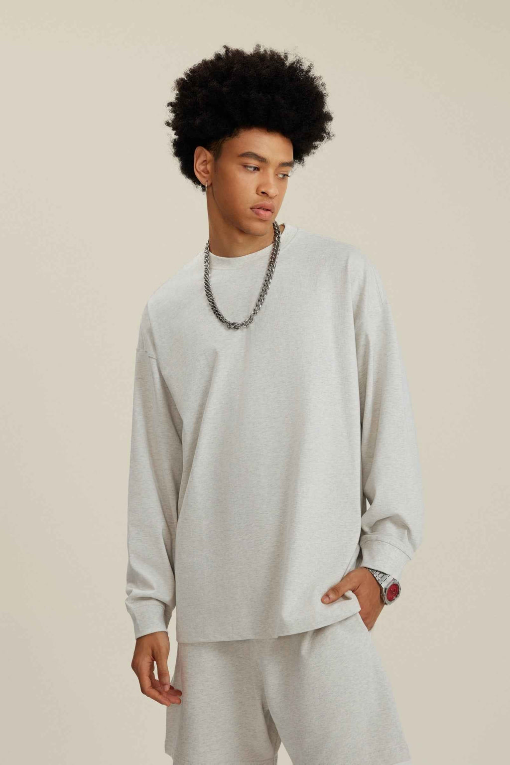 305GSM Unisex Premium Heavyweight Double-Yarn Plain Fabric Earth-Tone Basic Layering Long sleeve Tee