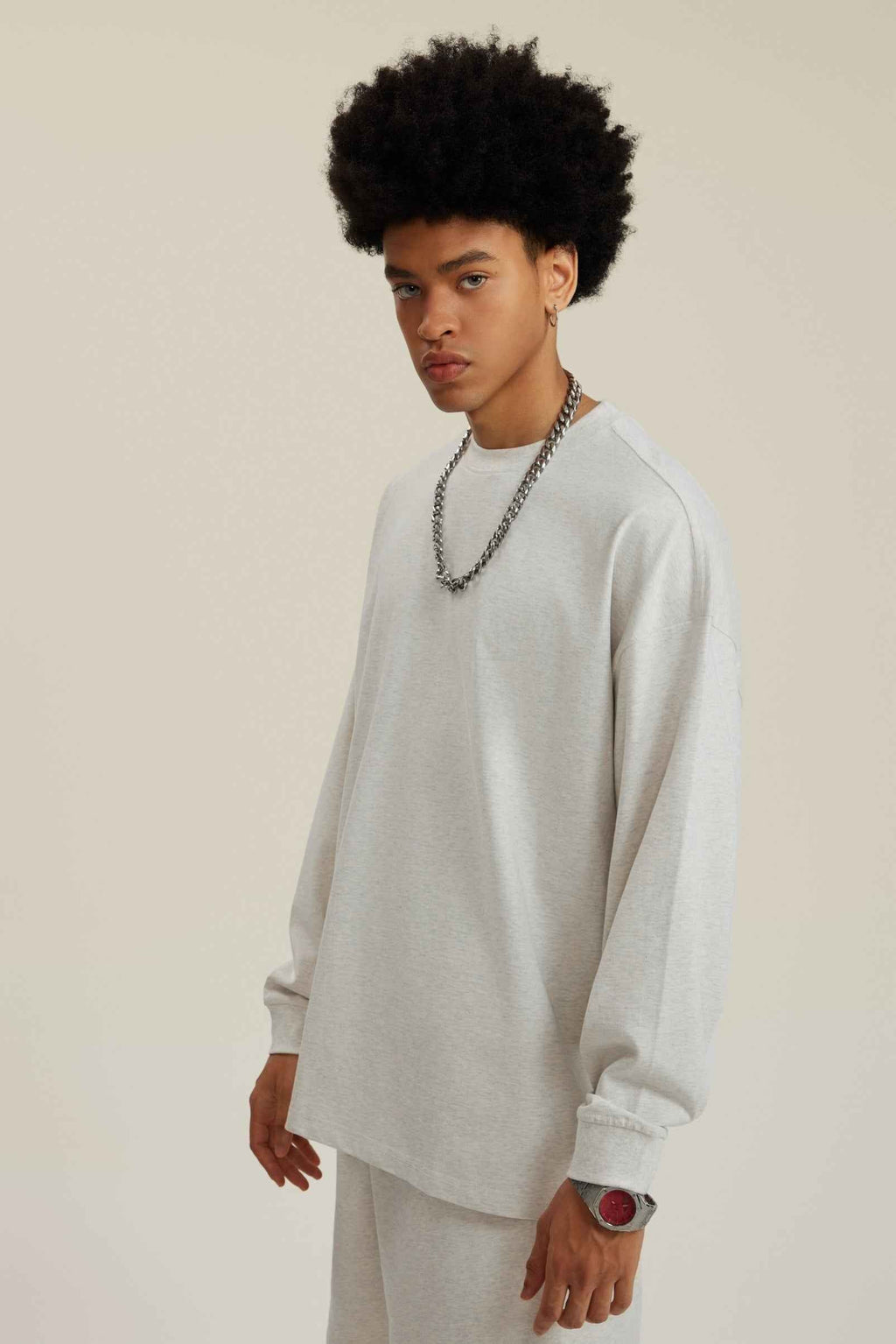 305GSM Unisex Premium Heavyweight Double-Yarn Plain Fabric Earth-Tone Basic Layering Long sleeve Tee