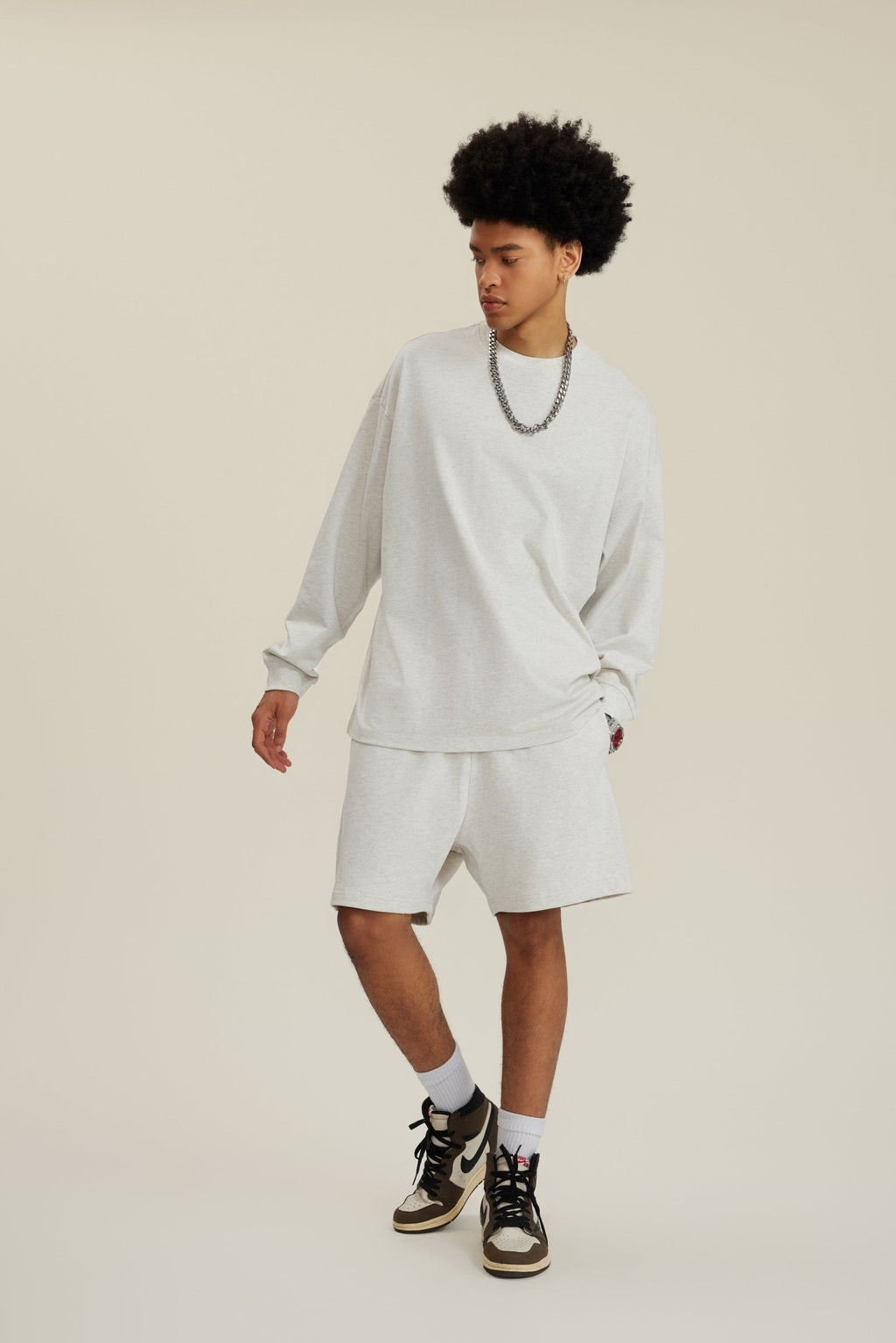 305GSM Unisex Premium Heavyweight Double-Yarn Plain Fabric Earth-Tone Basic Layering Long sleeve Tee