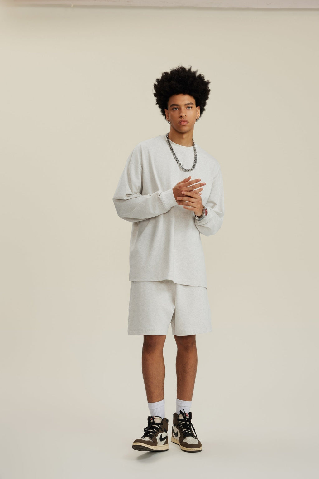 305GSM Unisex Premium Heavyweight Double-Yarn Plain Fabric Earth-Tone Basic Layering Long sleeve Tee
